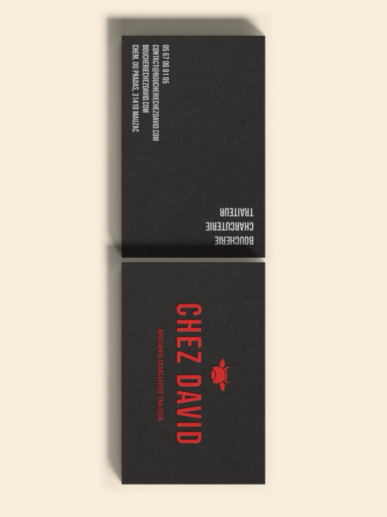 Cartes de visite noires Chez David avec logo rouge