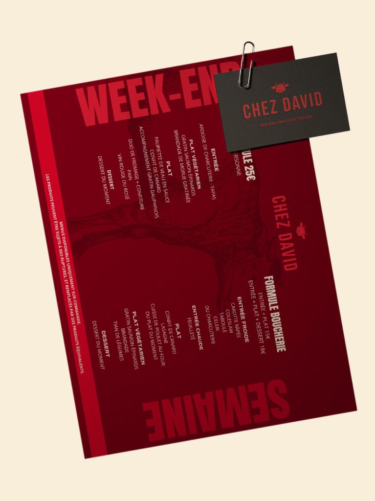 Menu Chez David en rouge, formules semaine et week-end, avec carte de visite