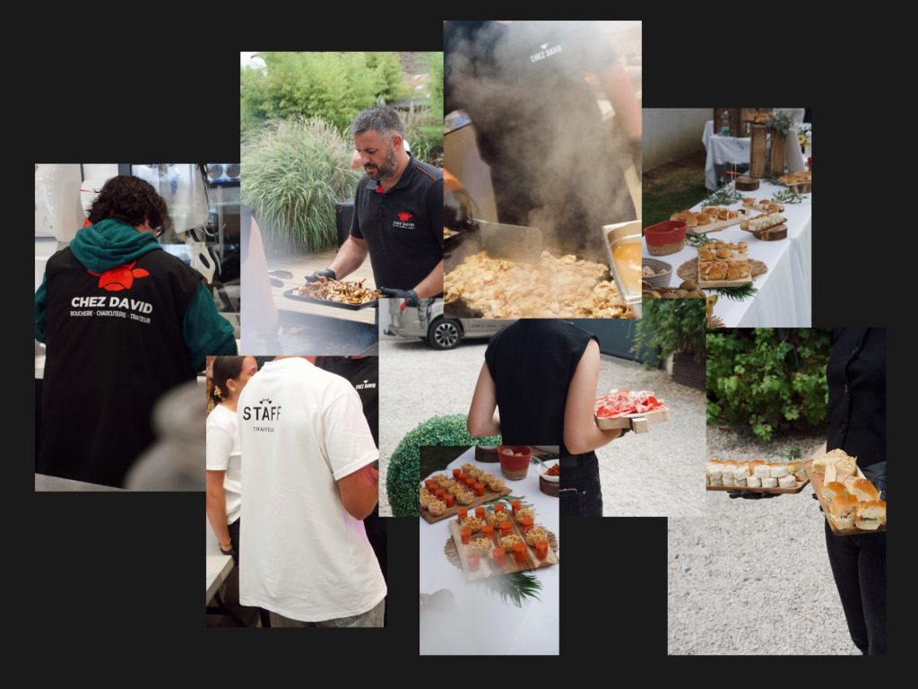 Collage de photos de l'activité traiteur Chez David : plats, équipe et buffets